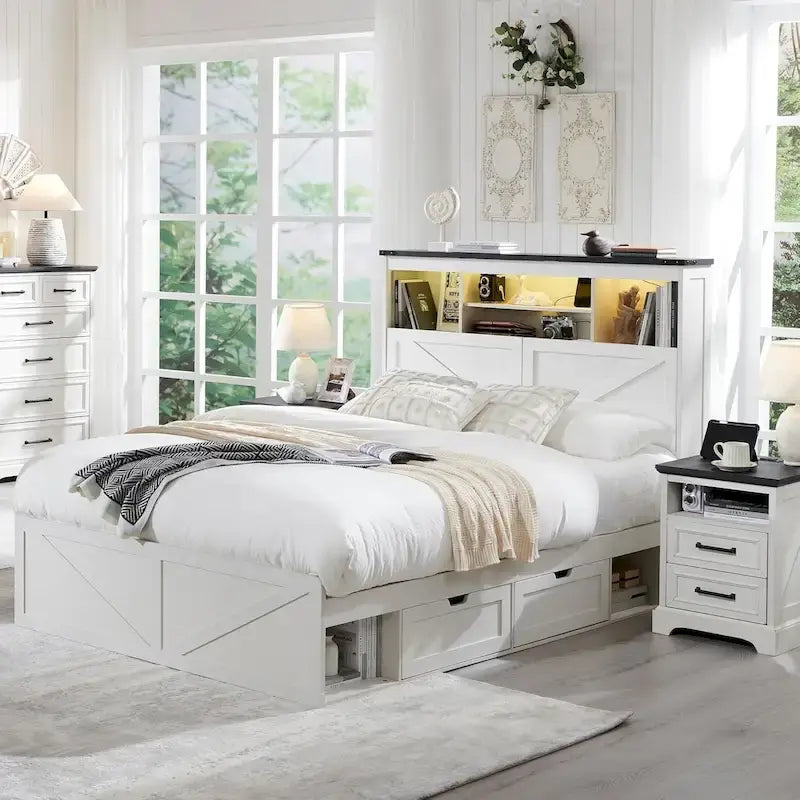 Cadre de lit en bois queen-size de style ferme avec tête de lit de rangement et tiroirs