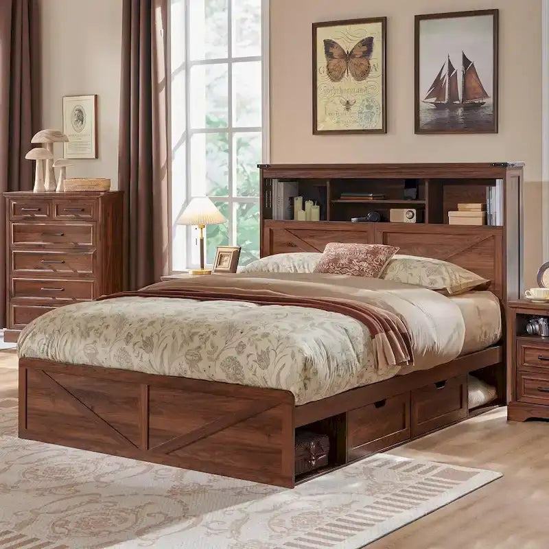 Cadre de lit en bois queen-size de style ferme avec tête de lit de rangement et tiroirs