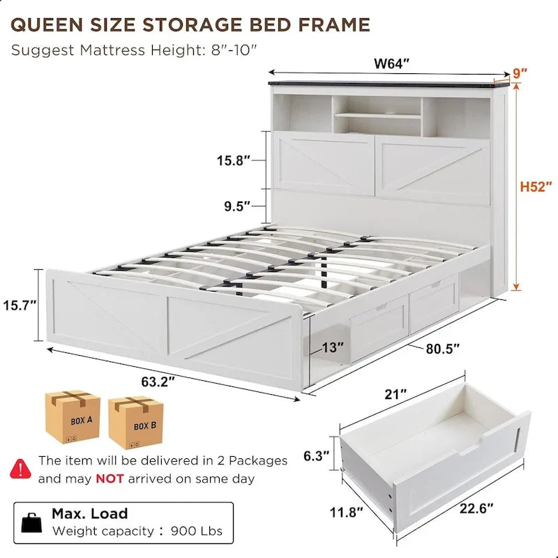 Cadre de lit en bois queen-size de style ferme avec tête de lit de rangement et tiroirs