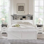 Cadre de lit en bois queen-size de style ferme avec tête de lit de rangement et tiroirs