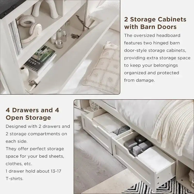 Cadre de lit en bois queen-size de style ferme avec tête de lit de rangement et tiroirs