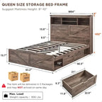Cadre de lit en bois queen-size de style ferme avec tête de lit de rangement et tiroirs