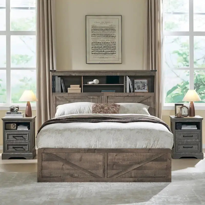 Cadre de lit en bois queen-size de style ferme avec tête de lit de rangement et tiroirs