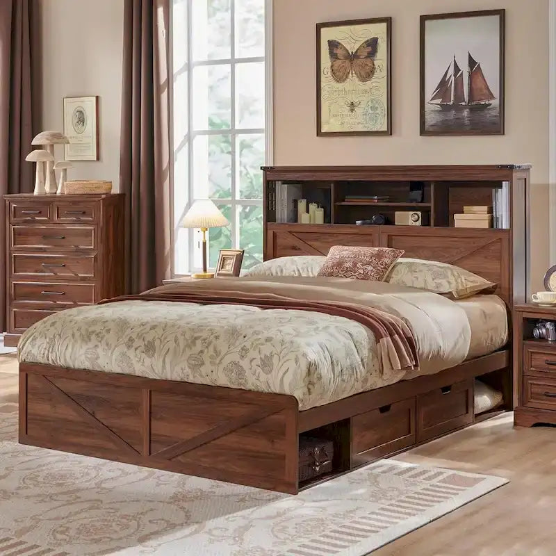 Cadre de lit en bois queen-size de style ferme avec tête de lit de rangement et tiroirs