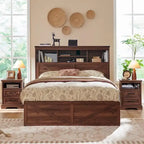 Cadre de lit en bois queen-size de style ferme avec tête de lit de rangement et tiroirs