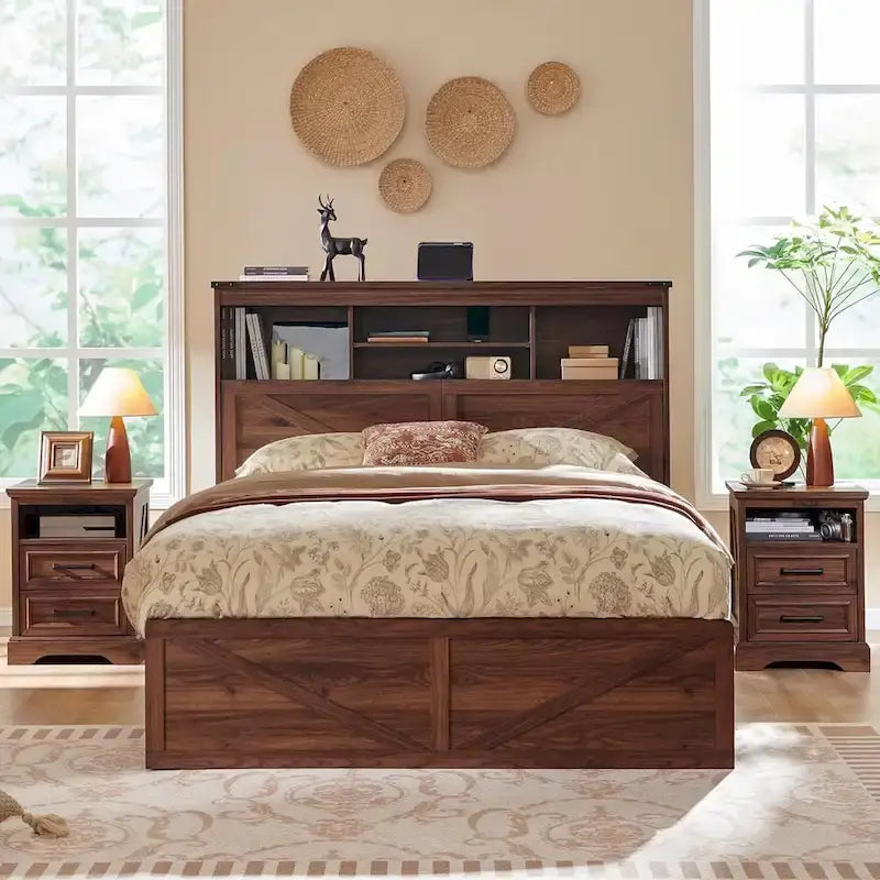 Cadre de lit en bois queen-size de style ferme avec tête de lit de rangement et tiroirs