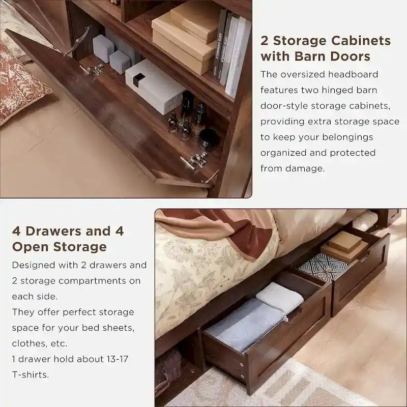 Cadre de lit en bois queen-size de style ferme avec tête de lit de rangement et tiroirs