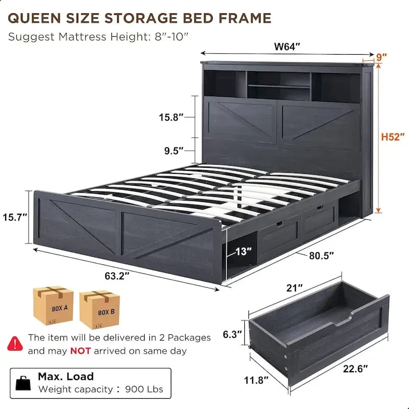 Cadre de lit en bois queen-size de style ferme avec tête de lit de rangement et tiroirs