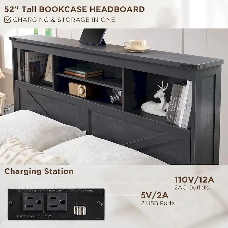 Cadre de lit en bois queen-size de style ferme avec tête de lit de rangement et tiroirs