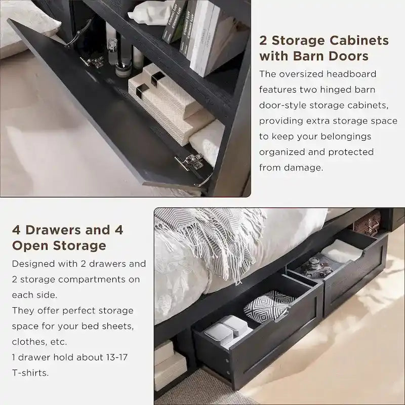 Cadre de lit en bois queen-size de style ferme avec tête de lit de rangement et tiroirs