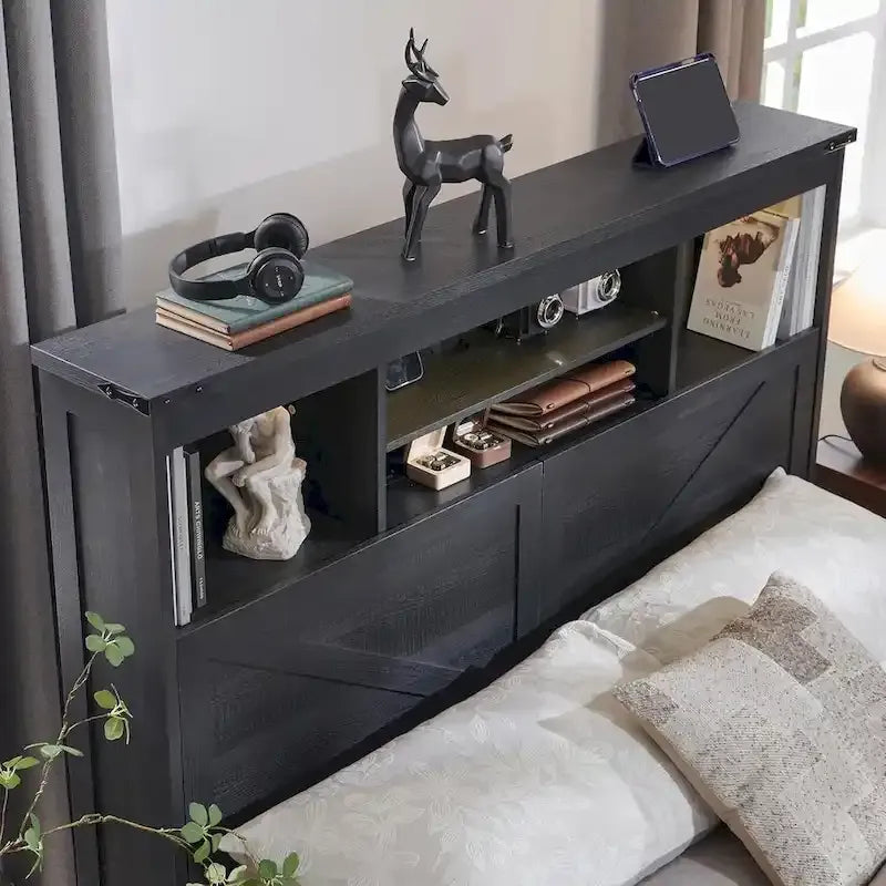 Cadre de lit en bois queen-size de style ferme avec tête de lit de rangement et tiroirs