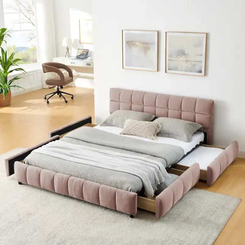Lit plateforme Queen avec tissu chenille, tête de lit douce et tiroirs intégrés