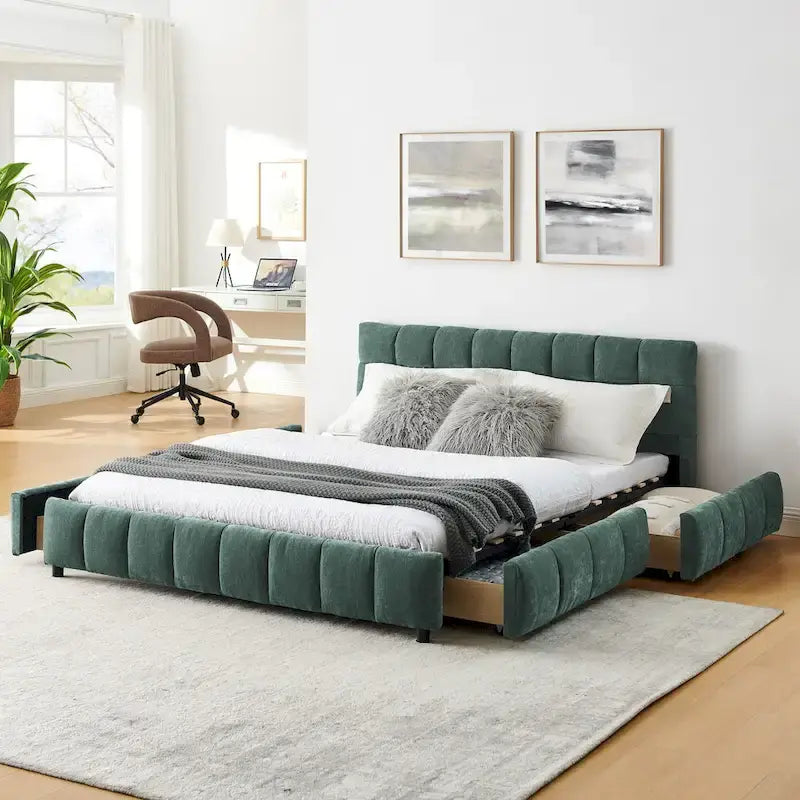 Lit plateforme Queen avec tissu chenille, tête de lit douce et tiroirs intégrés