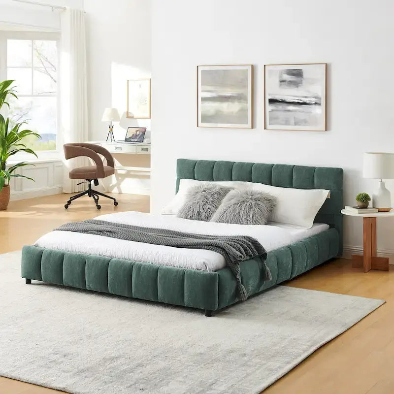 Lit plateforme Queen avec tissu chenille, tête de lit douce et tiroirs intégrés