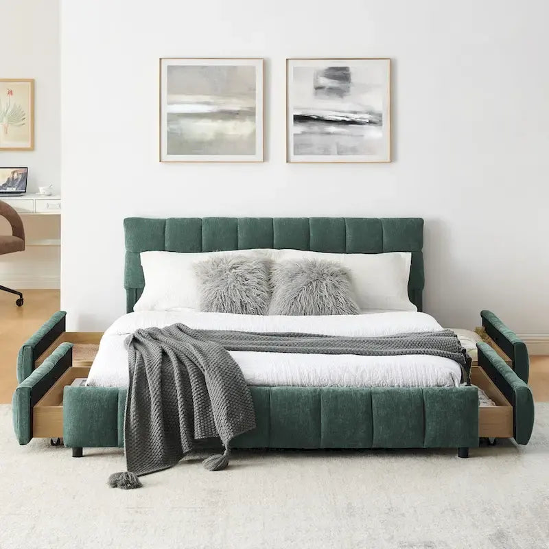 Lit plateforme Queen avec tissu chenille, tête de lit douce et tiroirs intégrés