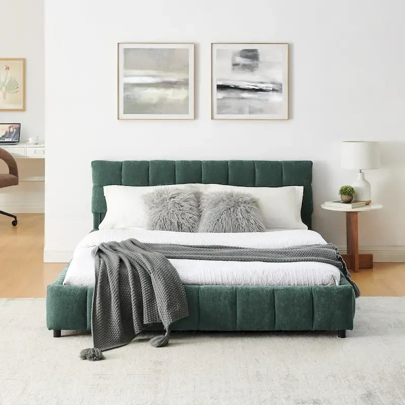Lit plateforme Queen avec tissu chenille, tête de lit douce et tiroirs intégrés