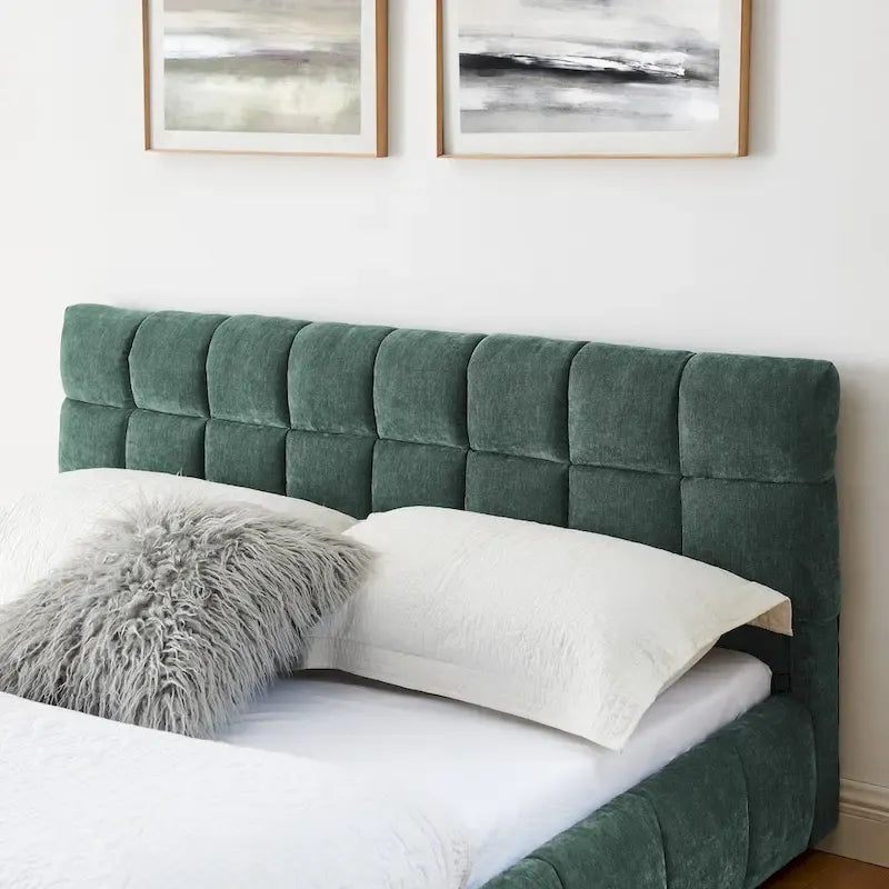 Lit plateforme Queen avec tissu chenille, tête de lit douce et tiroirs intégrés