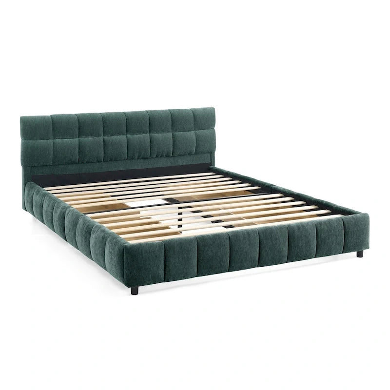 Lit plateforme Queen avec tissu chenille, tête de lit douce et tiroirs intégrés