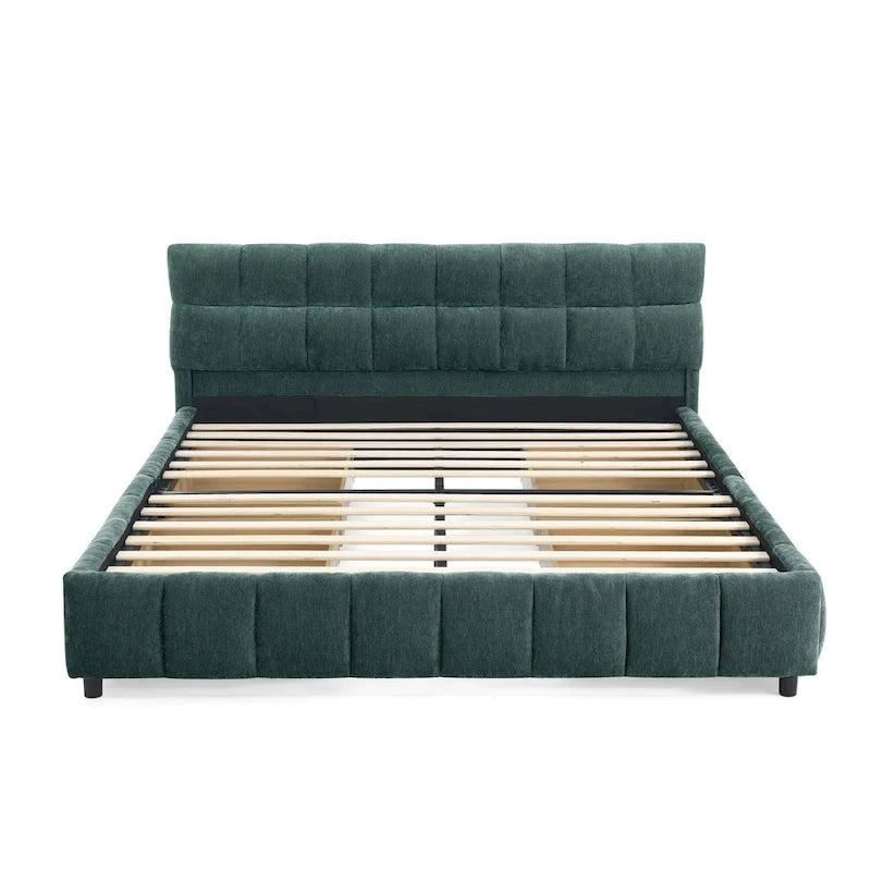 Lit plateforme Queen avec tissu chenille, tête de lit douce et tiroirs intégrés