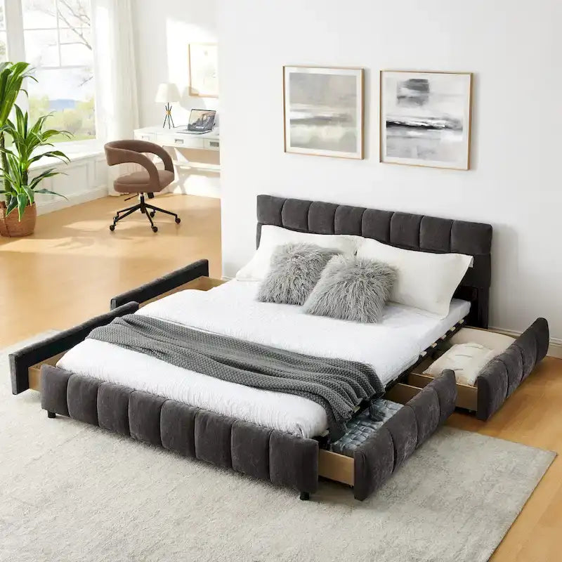Lit plateforme Queen avec tissu chenille, tête de lit douce et tiroirs intégrés