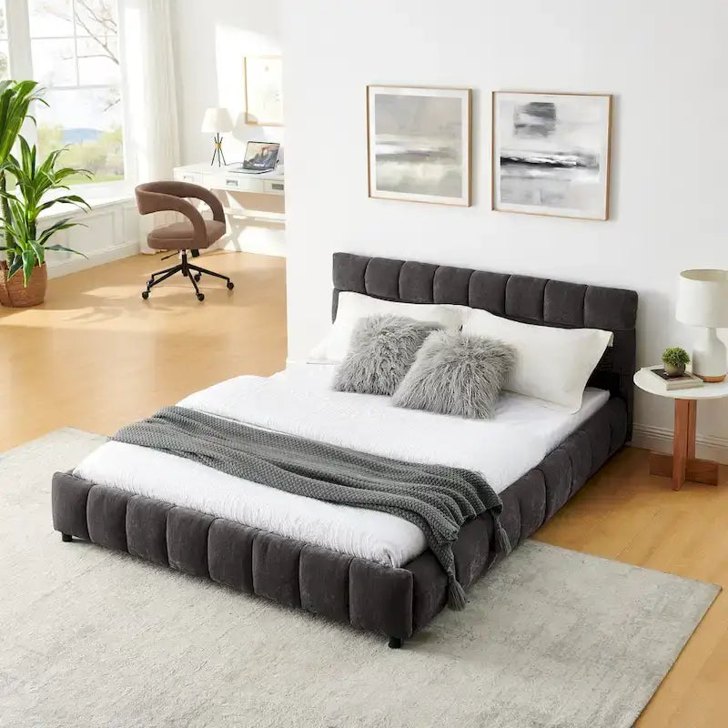 Lit plateforme Queen avec tissu chenille, tête de lit douce et tiroirs intégrés
