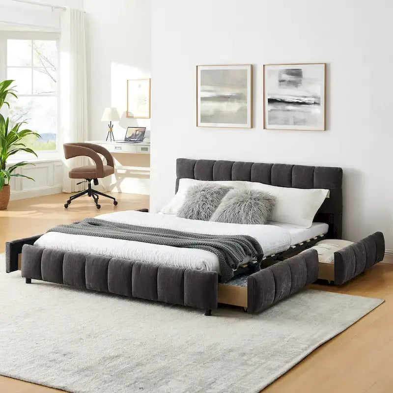 Lit plateforme Queen avec tissu chenille, tête de lit douce et tiroirs intégrés