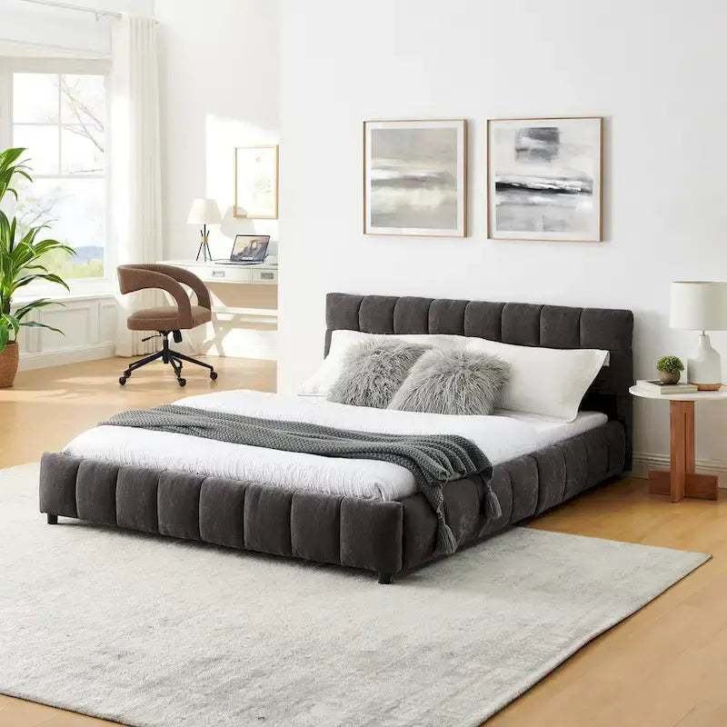 Lit plateforme Queen avec tissu chenille, tête de lit douce et tiroirs intégrés