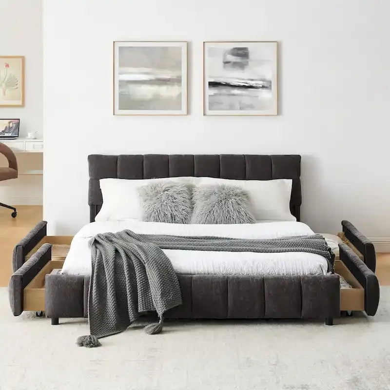 Lit plateforme Queen avec tissu chenille, tête de lit douce et tiroirs intégrés