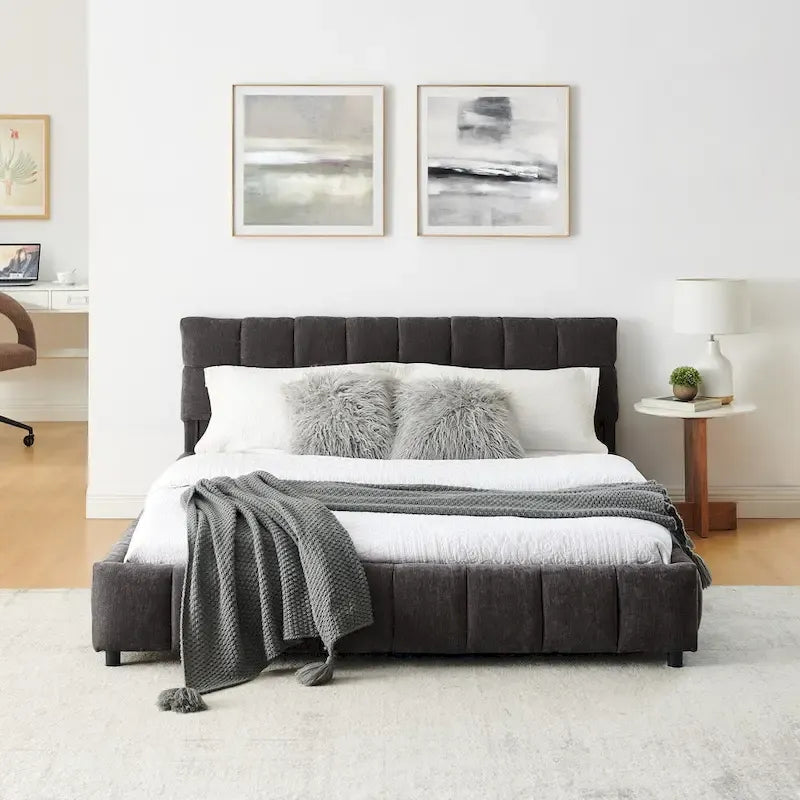 Lit plateforme Queen avec tissu chenille, tête de lit douce et tiroirs intégrés
