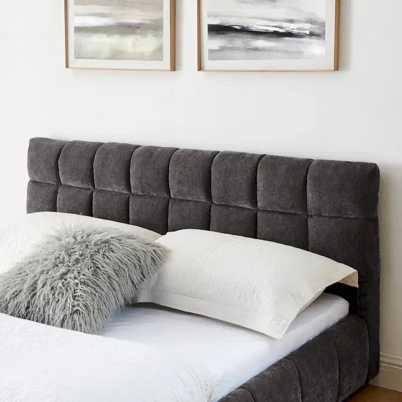 Lit plateforme Queen avec tissu chenille, tête de lit douce et tiroirs intégrés
