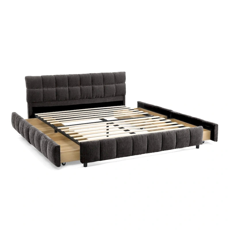 Lit plateforme Queen avec tissu chenille, tête de lit douce et tiroirs intégrés