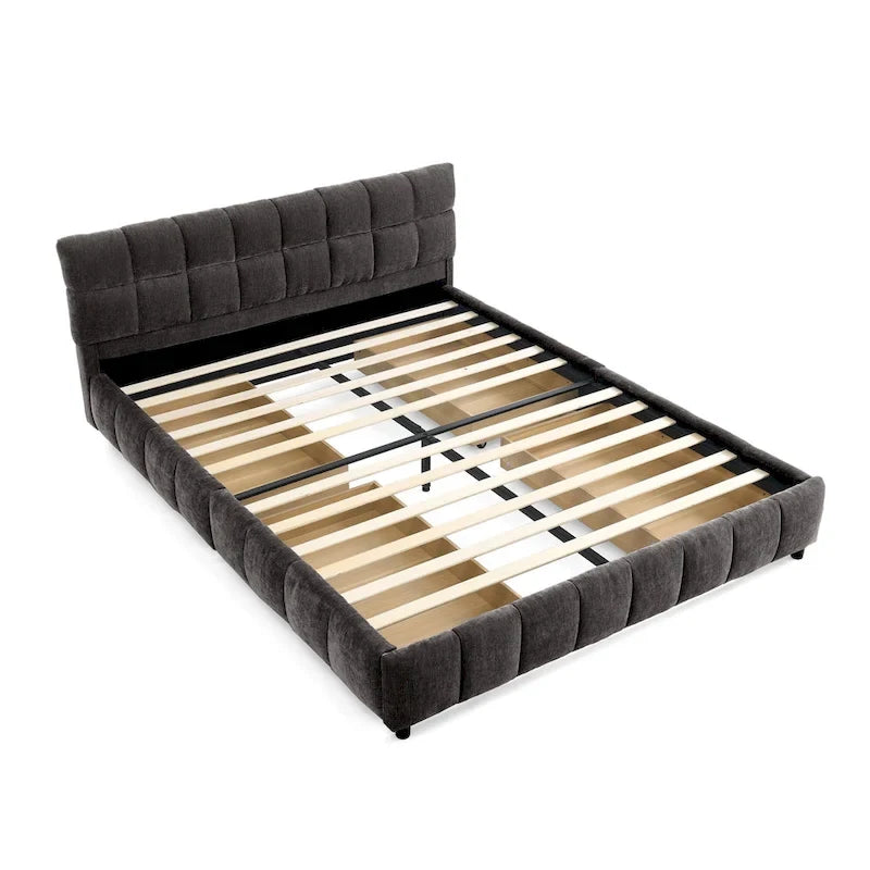 Lit plateforme Queen avec tissu chenille, tête de lit douce et tiroirs intégrés