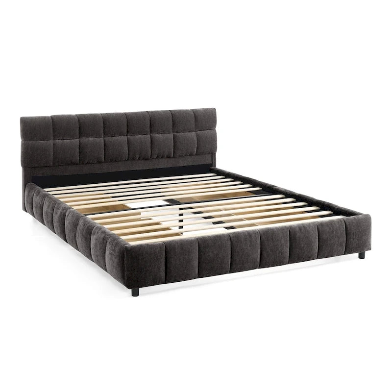 Lit plateforme Queen avec tissu chenille, tête de lit douce et tiroirs intégrés
