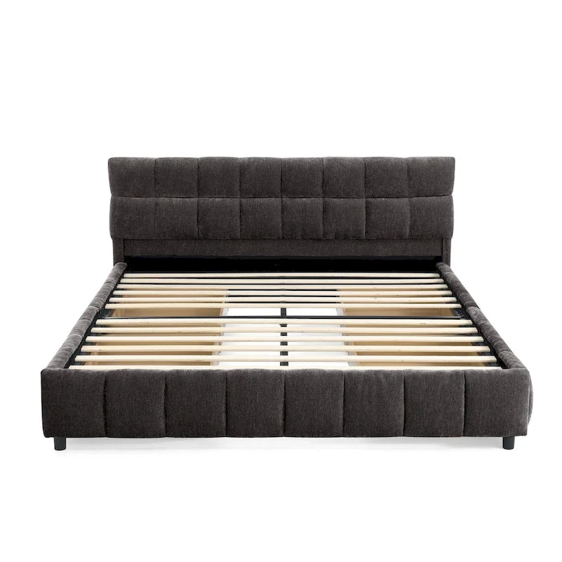 Lit plateforme Queen avec tissu chenille, tête de lit douce et tiroirs intégrés