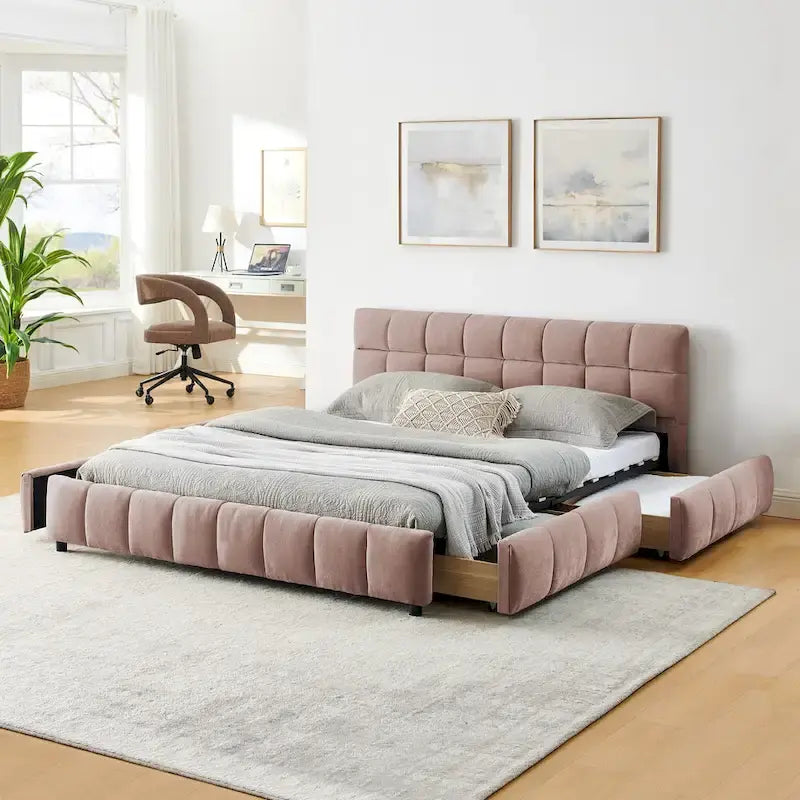 Lit plateforme Queen avec tissu chenille, tête de lit douce et tiroirs intégrés