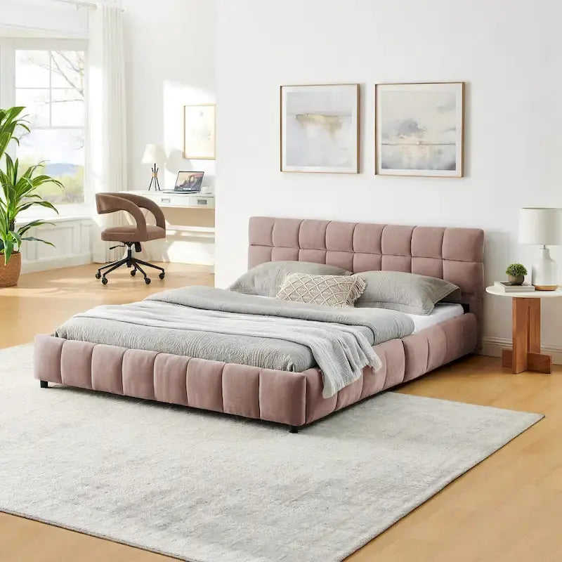 Lit plateforme Queen avec tissu chenille, tête de lit douce et tiroirs intégrés
