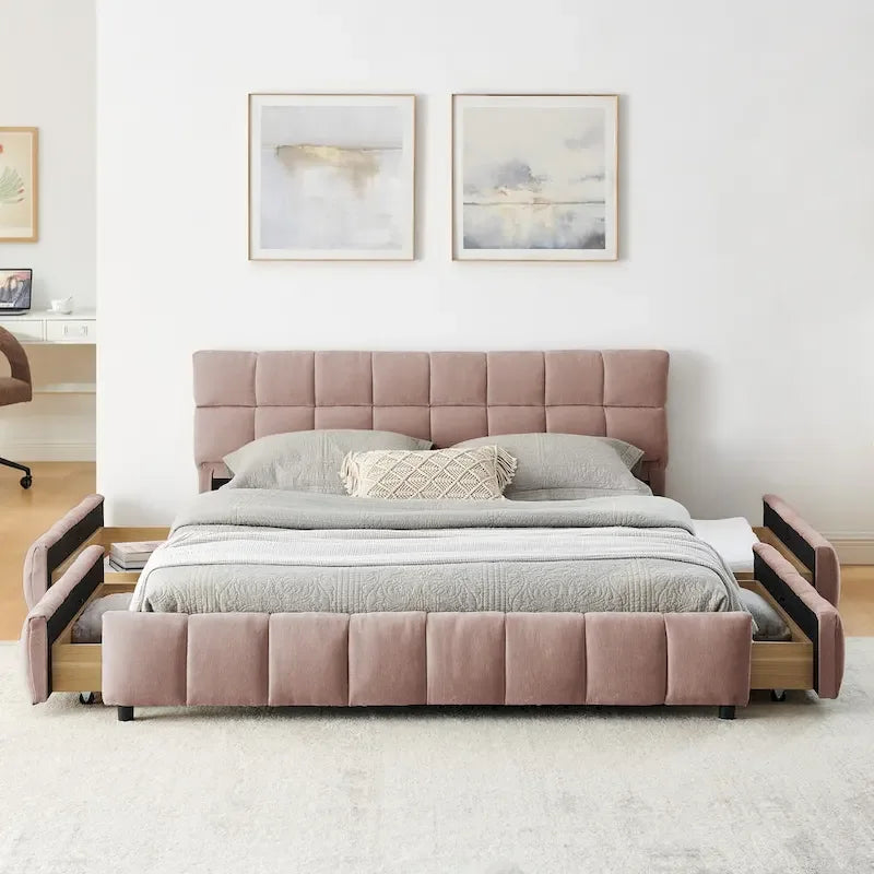 Lit plateforme Queen avec tissu chenille, tête de lit douce et tiroirs intégrés