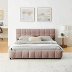 Lit plateforme Queen avec tissu chenille, tête de lit douce et tiroirs intégrés