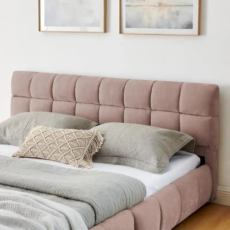 Lit plateforme Queen avec tissu chenille, tête de lit douce et tiroirs intégrés