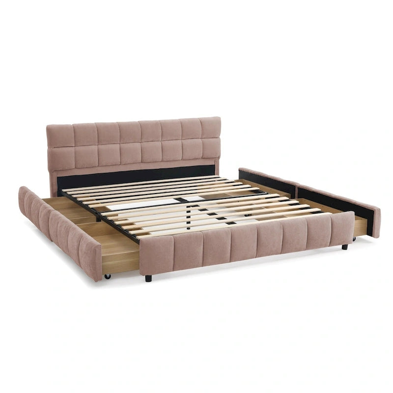 Lit plateforme Queen avec tissu chenille, tête de lit douce et tiroirs intégrés