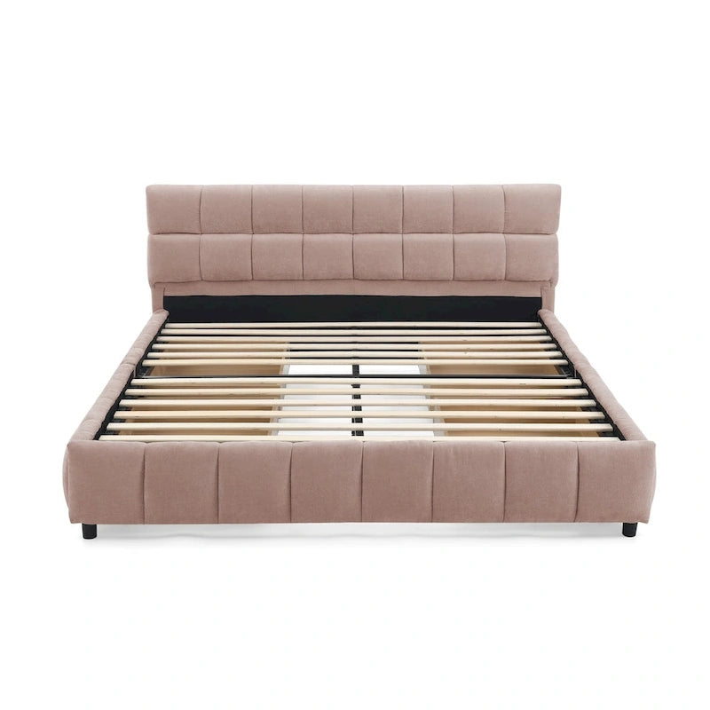 Lit plateforme Queen avec tissu chenille, tête de lit douce et tiroirs intégrés