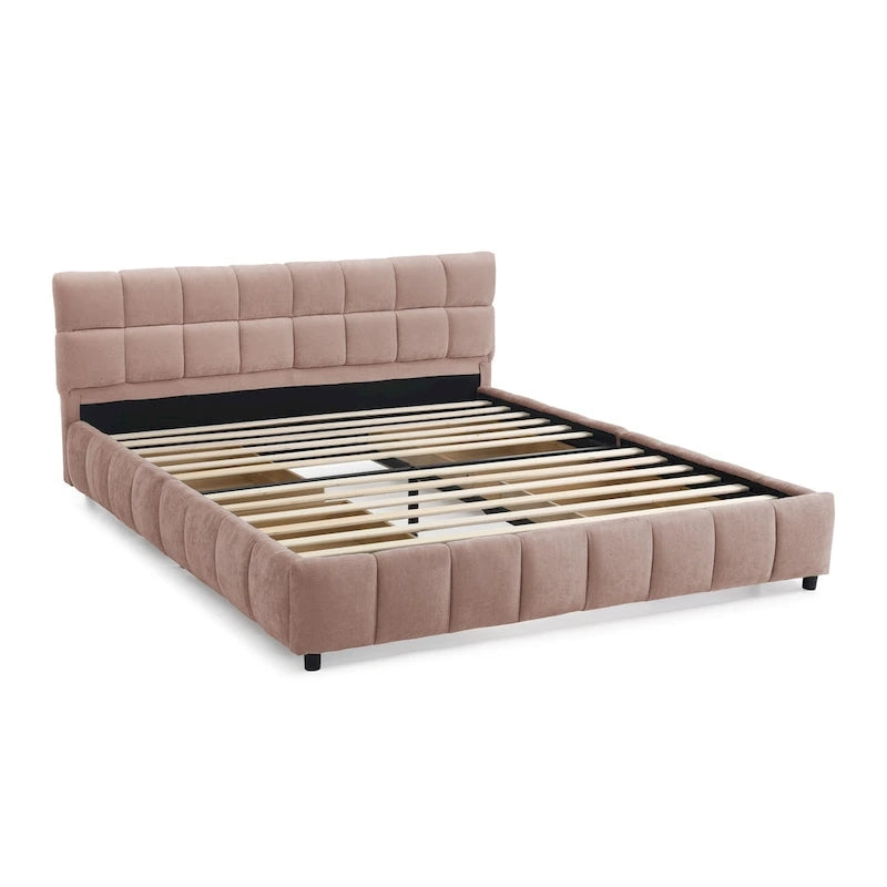 Lit plateforme Queen avec tissu chenille, tête de lit douce et tiroirs intégrés