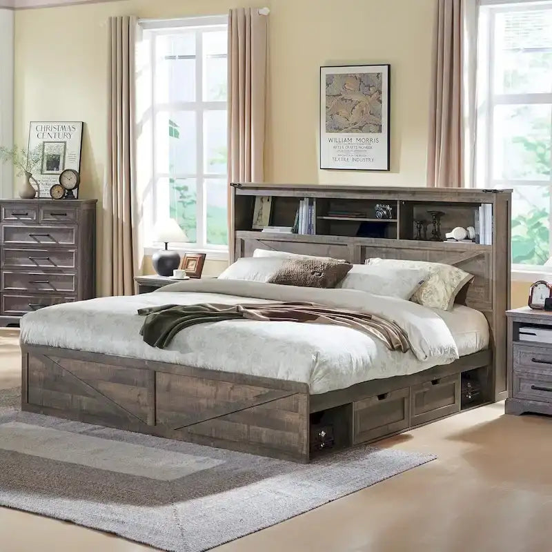 Cadre de lit double King Size en bois de style Ferme avec tête de lit de rangement et tiroirs