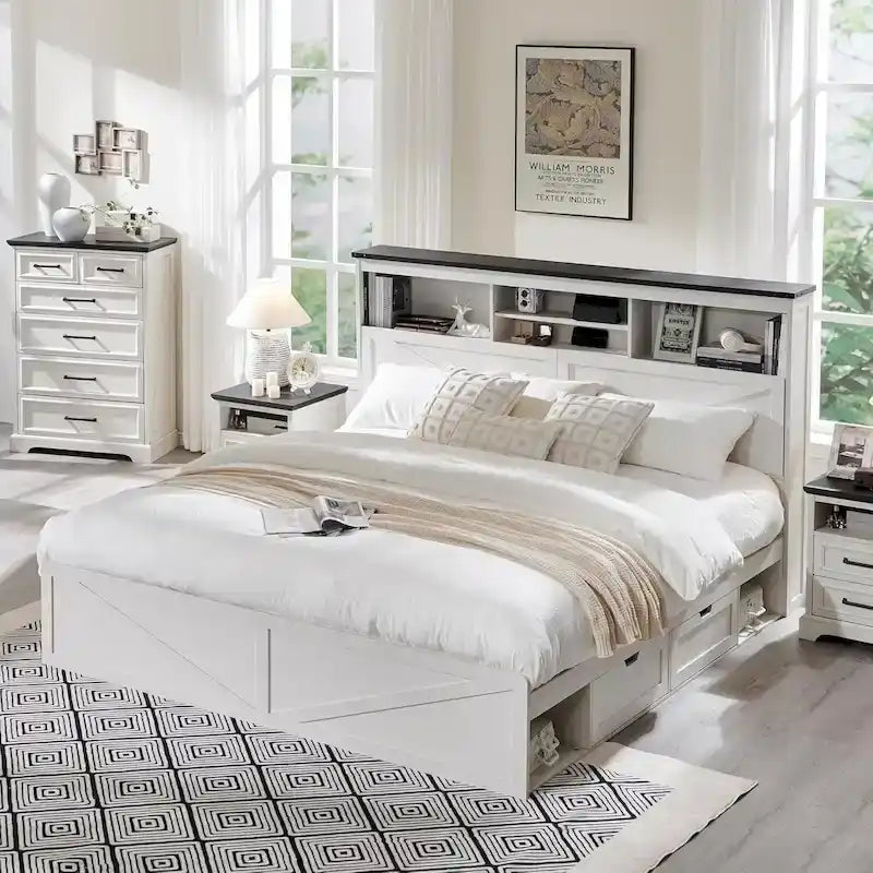 Cadre de lit double King Size en bois de style Ferme avec tête de lit de rangement et tiroirs