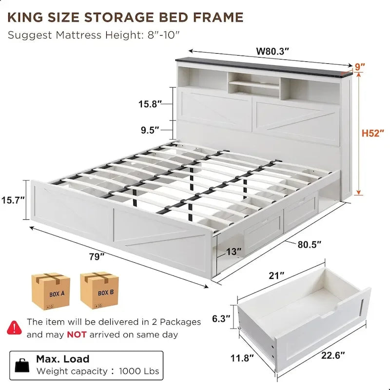 Cadre de lit double King Size en bois de style Ferme avec tête de lit de rangement et tiroirs