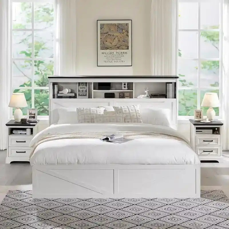 Cadre de lit double King Size en bois de style Ferme avec tête de lit de rangement et tiroirs