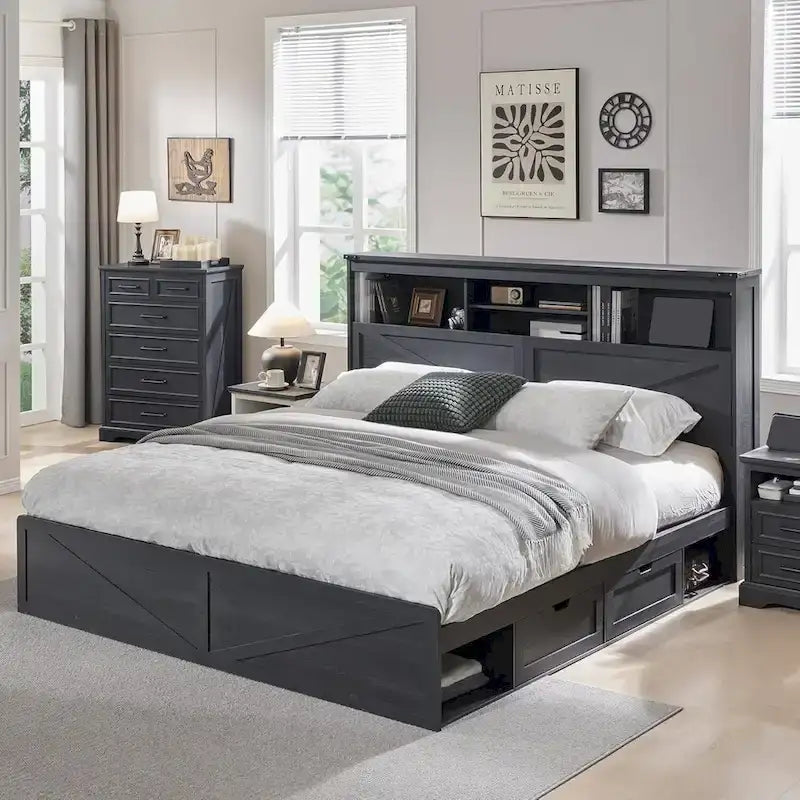 Cadre de lit double King Size en bois de style Ferme avec tête de lit de rangement et tiroirs