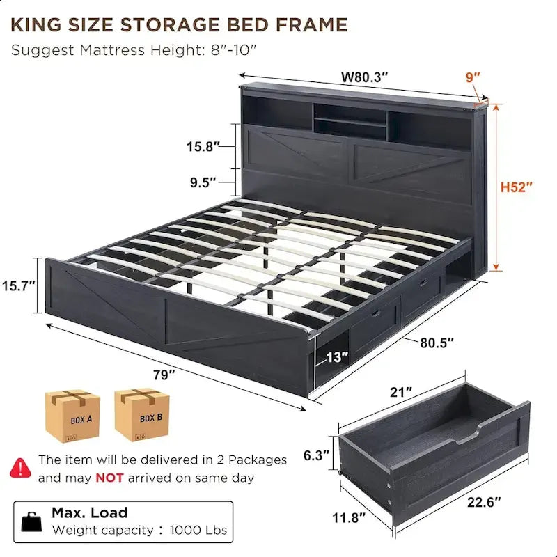 Cadre de lit double King Size en bois de style Ferme avec tête de lit de rangement et tiroirs