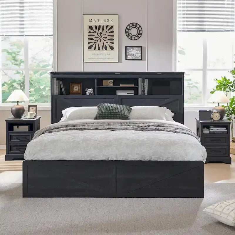Cadre de lit double King Size en bois de style Ferme avec tête de lit de rangement et tiroirs