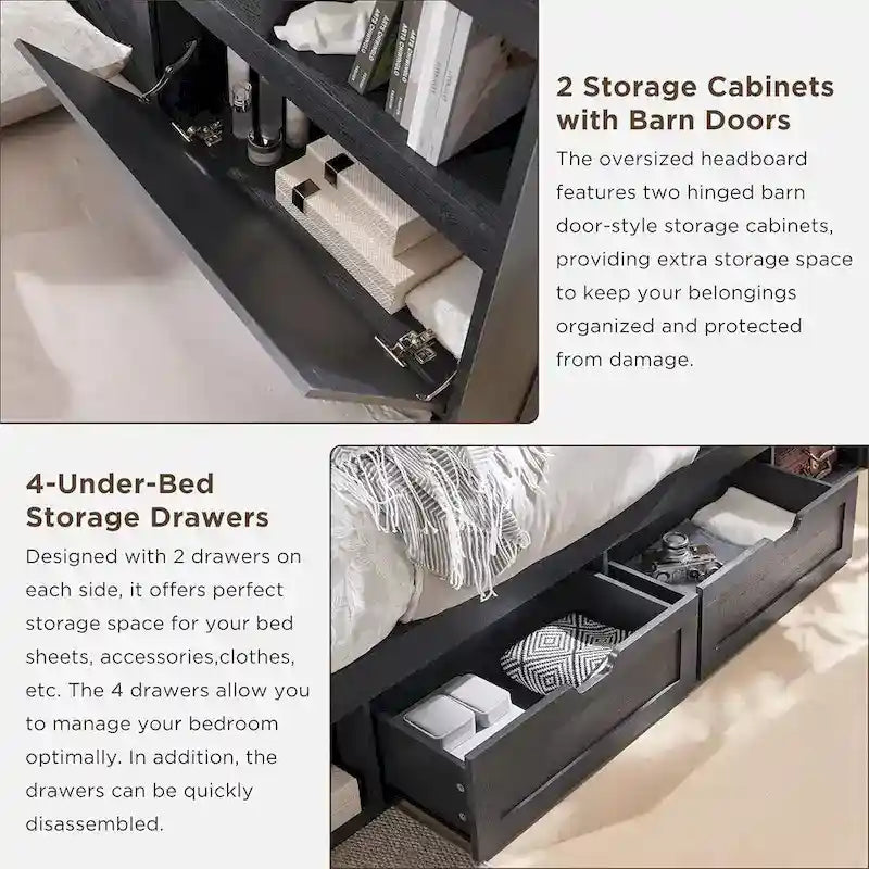 Cadre de lit double King Size en bois de style Ferme avec tête de lit de rangement et tiroirs